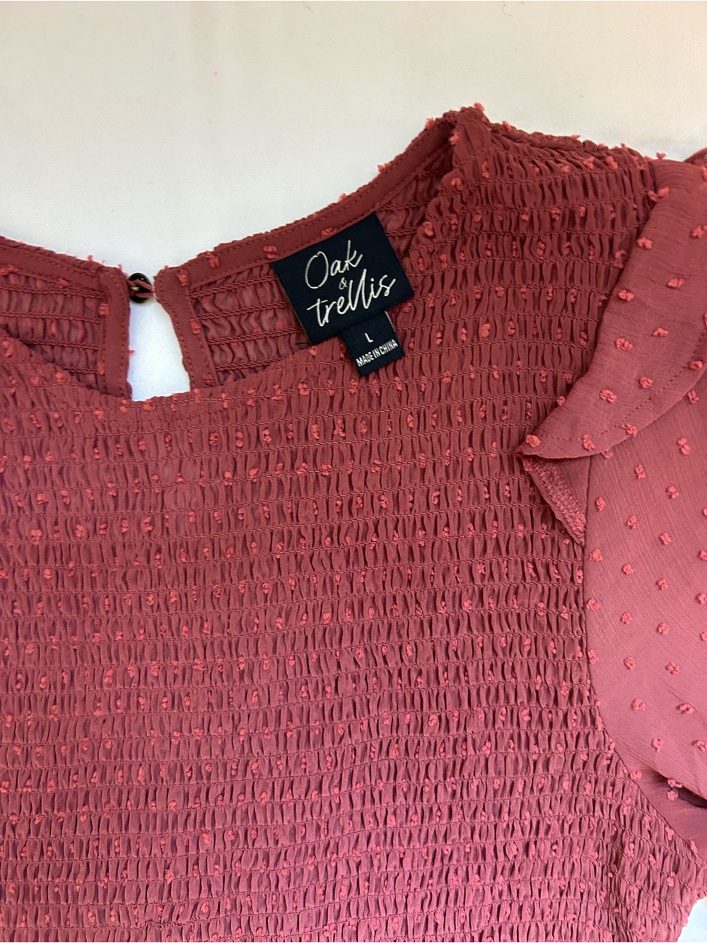 Oak & Trellis Dusty Rose Smocked Swiss Dot Peplum Blouse Large - Picture 4 of 10